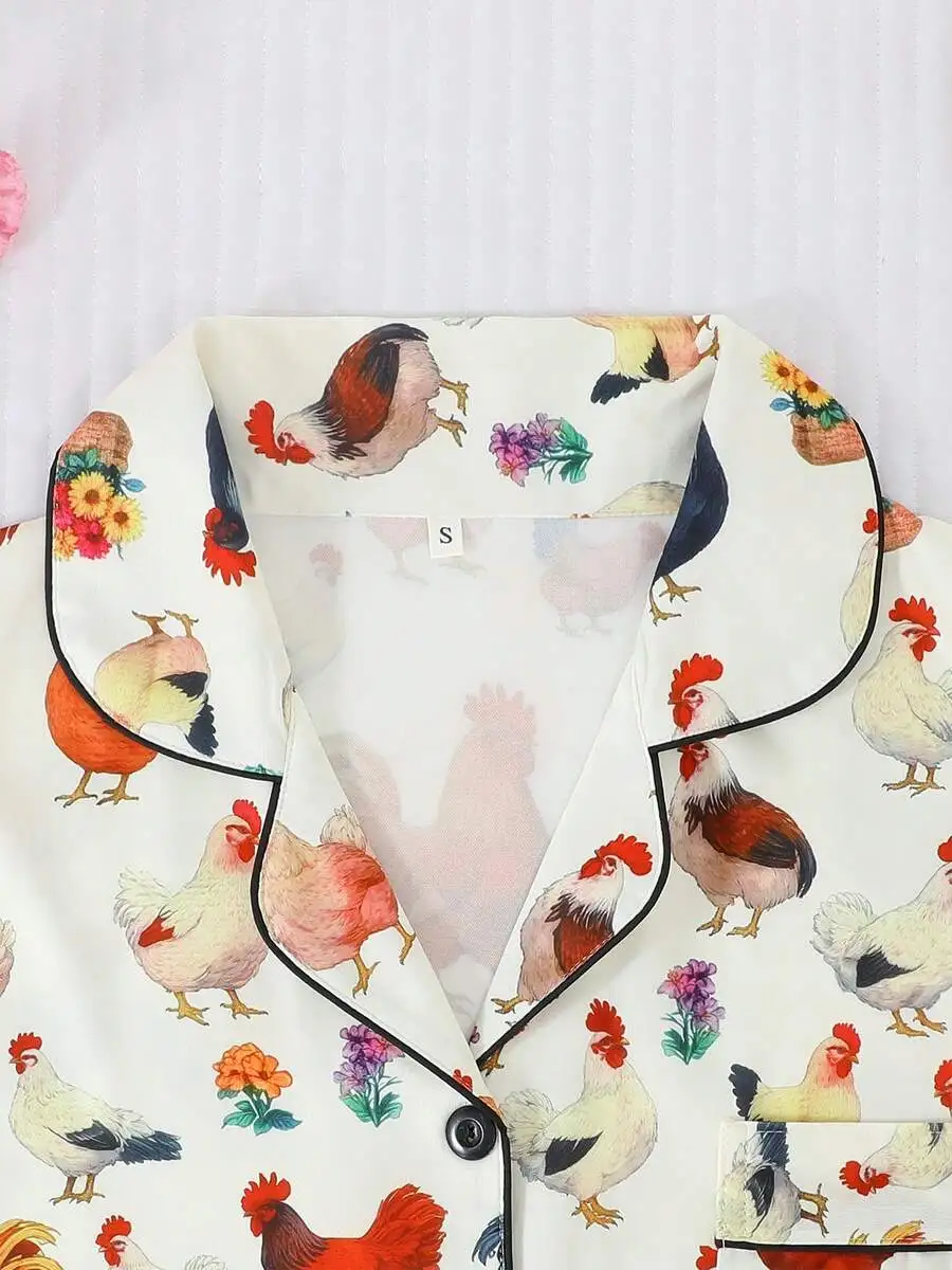 Women Short Sleeve Pajama Set Lapel Button Top Loose Shorts Chicken Floral Print Comfortable Homewear
Women Short Sleeve Pajama Set Lapel Button Top Loose Shorts Chicken Floral Print Comfortable Homewear