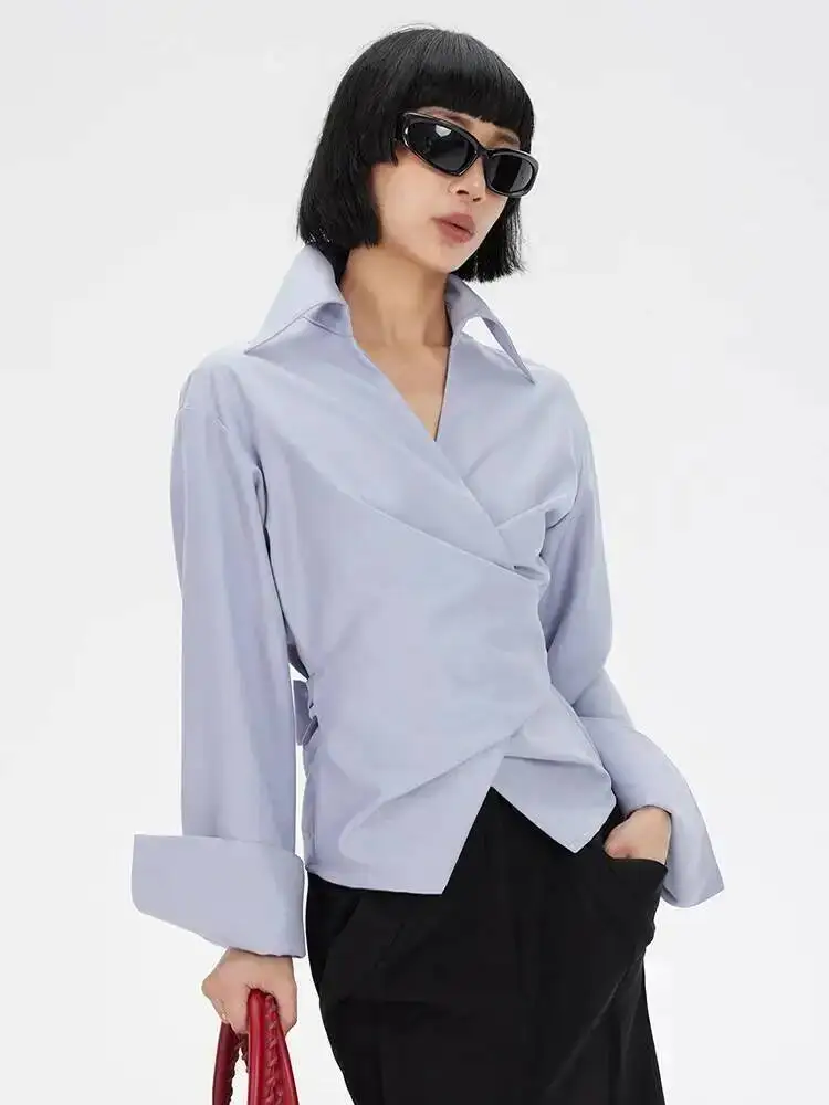 Cross Women Blue Bandage Irregular Elegant Blouse New V-neck Long Sleeve Shirt Fashion Spring Autumn 2026 EOGS
Cross Women Blue Bandage Irregular Elegant Blouse New V-neck Long Sleeve Shirt Fashion Spring Autumn 2026 EOGS