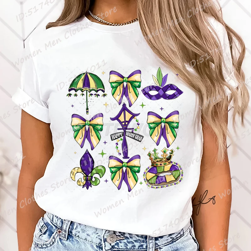 Cute Bow Happy Mardi Gras Print T-shirts Women Short Sleeve Solid Color T Shirt Funny Round Neck Tee Shirt Casual Summer T-Shirt
Cute Bow Happy Mardi Gras Print T-shirts Women Short Sleeve Solid Color T Shirt Funny Round Neck Tee Shirt Casual Summer T-Shirt