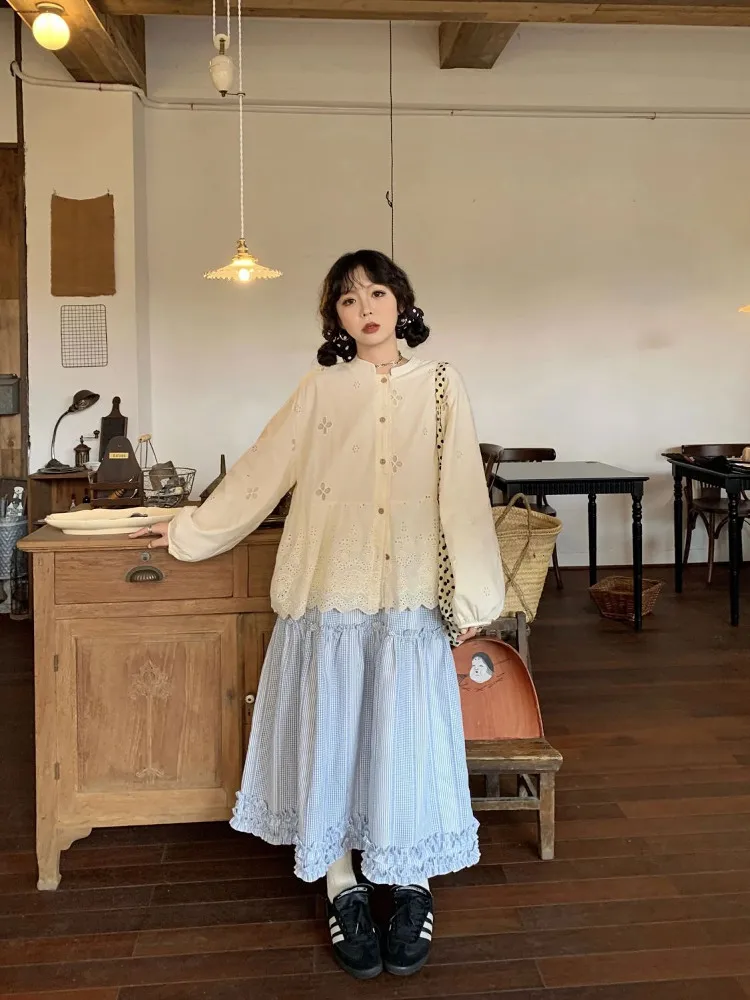 Gentle Wind Embroidered Lace Long Sleeve Shirt Women's Early Autumn Forest System Design Striped Half Skirt Two Piece Set
Gentle Wind Embroidered Lace Long Sleeve Shirt Women's Early Autumn Forest System Design Striped Half Skirt Two Piece Set