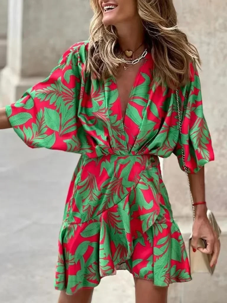 

2024 Summer Irregular Beach Mini Dress For Women Fashion Print Casual Bohemia Style Sundress Female Bat Sleeve Ruffles Dresses