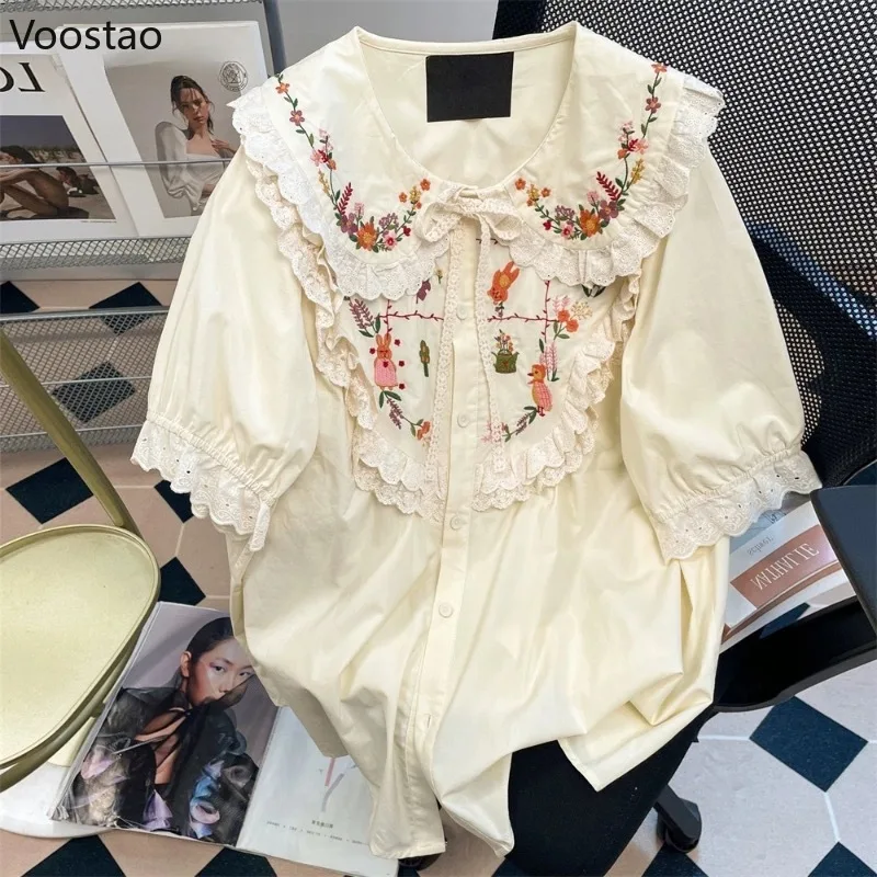Mori Girl Sweet Lolita Style Shirt Casual Floral Embroidery Lace Ruffles Peter Pan Collar Loose Blouses Women Puff Sleeve Tops
Mori Girl Sweet Lolita Style Shirt Casual Floral Embroidery Lace Ruffles Peter Pan Collar Loose Blouses Women Puff Sleeve Tops