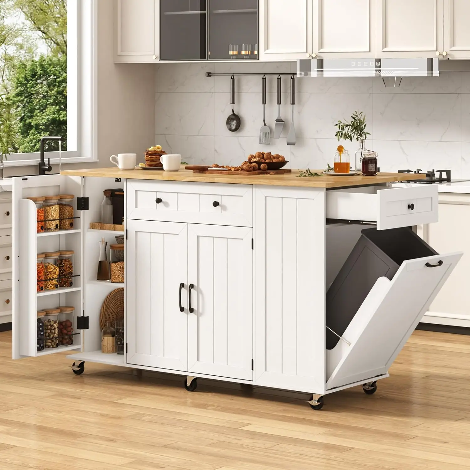 59" Rolling Kitchen Island Table on Wheels with Power Outlet & Drop Leaf, Towel Rack for Kitchen, White
59" Rolling Kitchen Island Table on Wheels with Power Outlet & Drop Leaf, Towel Rack for Kitchen, White