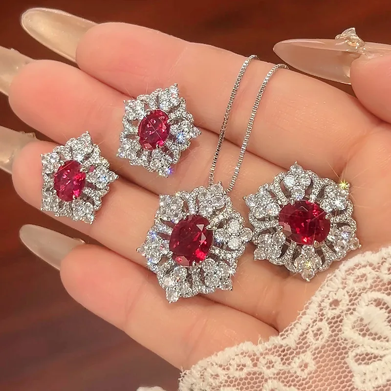 Jewelry Accessories Set Earrings Necklace Ring Light Luxury Heavy Craft Sparkling Pigeon Red Gemstone Series Wholesale Women's S
Jewelry Accessories Set Earrings Necklace Ring Light Luxury Heavy Craft Sparkling Pigeon Red Gemstone Series Wholesale Women's S