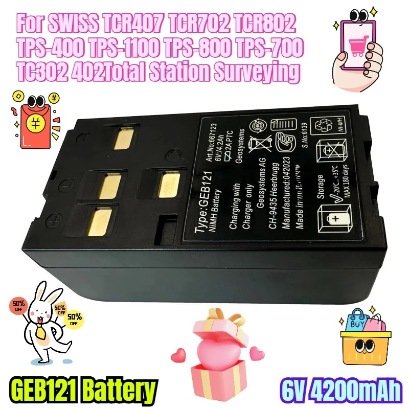 6V 4200mAh GEB121 Battery for SWISS TCR407 TCR702 TCR802 TPS-400 TPS-1100 TPS-800 TPS-700 TC302 TC402 Total Station Surveying
6V 4200mAh GEB121 Battery for SWISS TCR407 TCR702 TCR802 TPS-400 TPS-1100 TPS-800 TPS-700 TC302 TC402 Total Station Surveying