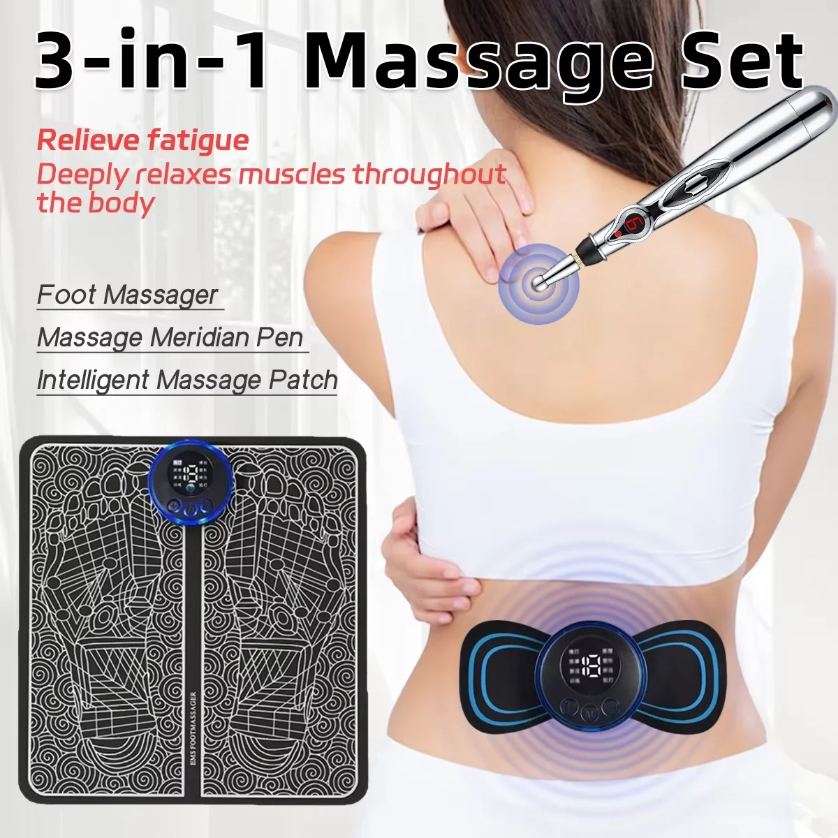 3PCS Home Massager Set EMS Foot Therapy Massager Multi-function Electronic Massage Pen to Relieve Shoulder Neck Waist Back Pain
3PCS Home Massager Set EMS Foot Therapy Massager Multi-function Electronic Massage Pen to Relieve Shoulder Neck Waist Back Pain