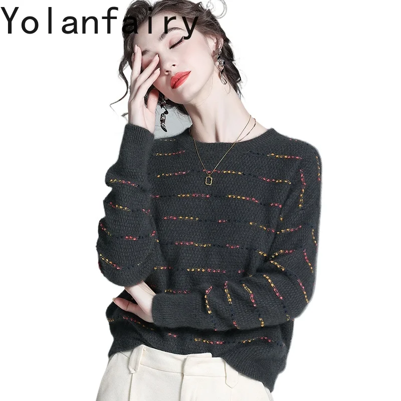 YOLANFAIRY Fashion Cashmere Sweater Woman 2025 Autumn Winter Color Striped Knitted Sweaters Wool Pullover Base Layer Grey Tops
YOLANFAIRY Fashion Cashmere Sweater Woman 2025 Autumn Winter Color Striped Knitted Sweaters Wool Pullover Base Layer Grey Tops