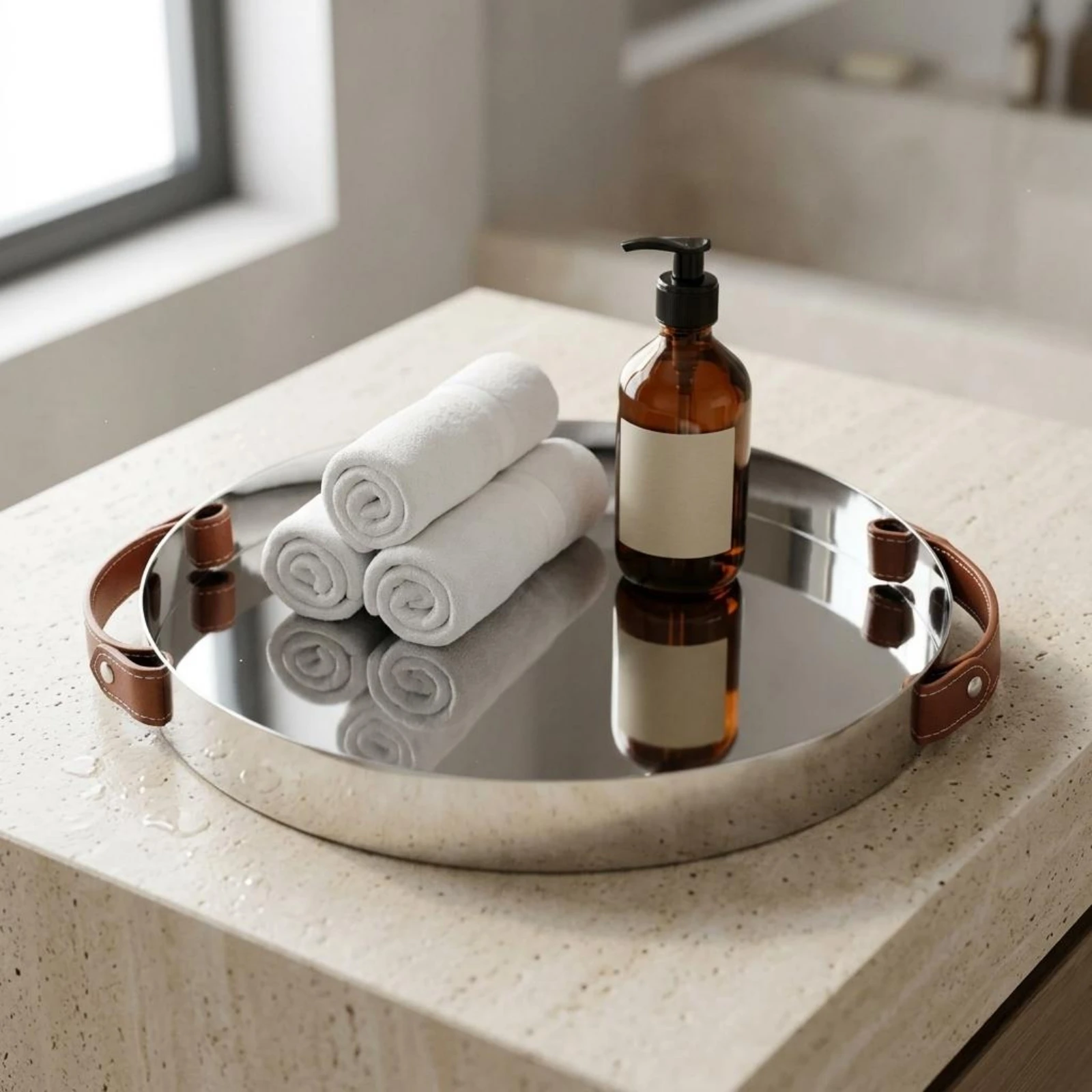 Leather Handled Tray Shallow Rim Serving Platter Household Decor Minimalist for Tabletop Display
Leather Handled Tray Shallow Rim Serving Platter Household Decor Minimalist for Tabletop Display