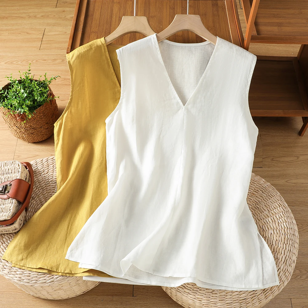 High-End Large Size Cotton Linen V-Neck Sleeveless Women's T-Shirt Summer 2026 Base Layer Shirt Artistic Commute Style
High-End Large Size Cotton Linen V-Neck Sleeveless Women's T-Shirt Summer 2026 Base Layer Shirt Artistic Commute Style