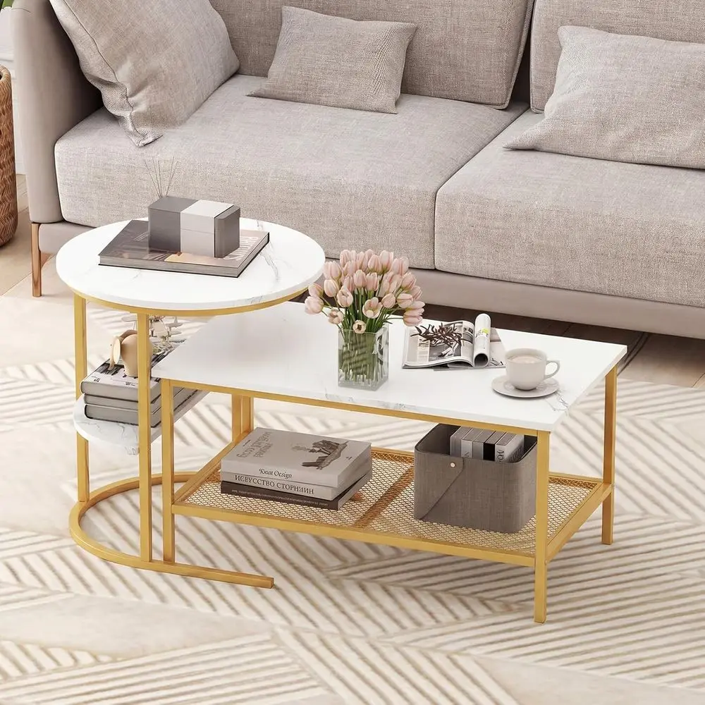 Modern 2-Piece Coffee Table Set with Detachable Rectangular and Round Tables, White Marble Print, Sturdy Metal Legs, Ideal for L
Modern 2-Piece Coffee Table Set with Detachable Rectangular and Round Tables, White Marble Print, Sturdy Metal Legs, Ideal for L