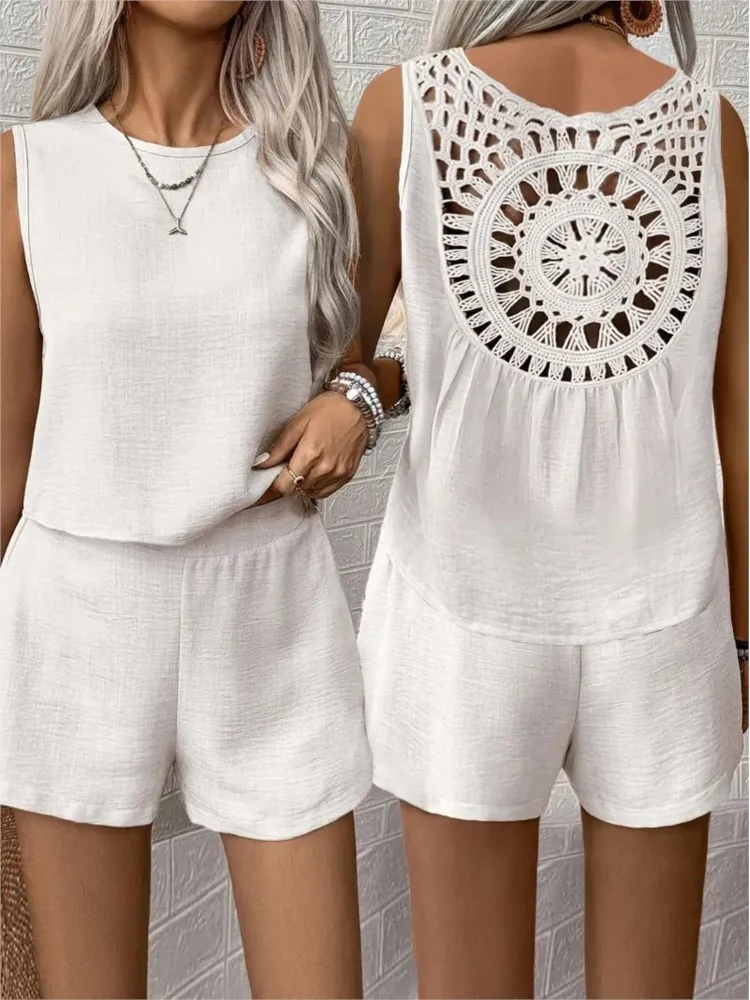 Summer Solid Back Hollow Lace Shorts Sets Woman Fashion Sleeveless Loose Tops + Short Pants 2 Piece Sets Women Casual Outfit
Summer Solid Back Hollow Lace Shorts Sets Woman Fashion Sleeveless Loose Tops + Short Pants 2 Piece Sets Women Casual Outfit