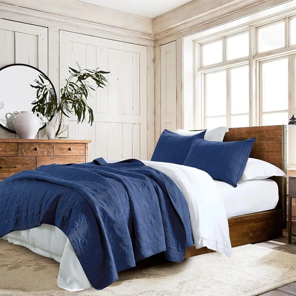 Queen Size Navy Blue 100% Cotton 3-Piece Quilt Set with 2 Shams, Pre-Washed Lightweight Bedspread Coverlet in Geometric Pattern
Queen Size Navy Blue 100% Cotton 3-Piece Quilt Set with 2 Shams, Pre-Washed Lightweight Bedspread Coverlet in Geometric Pattern