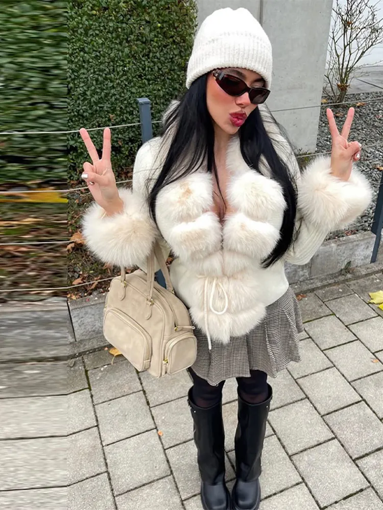 Chic Faux Fur Knit Spliced Jacket Furry Sleeve Cuff V Neck Slim Fit Lace Up Sweater 2025 New Lady Autumn Winter Flurry Outwears
Chic Faux Fur Knit Spliced Jacket Furry Sleeve Cuff V Neck Slim Fit Lace Up Sweater 2025 New Lady Autumn Winter Flurry Outwears