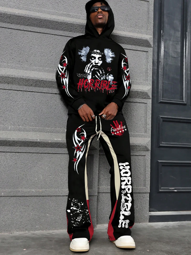 Мужской осенне-зимний теплый темный костюм с капюшоном в стиле ужасов, модный уличный модный свитшот и брюки с ужасным принтом, комплект из двух предметов
Мужской осенне-зимний теплый темный костюм с капюшоном в стиле ужасов, модный уличный модный свитшот и брюки с ужасным принтом, комплект из двух предметов