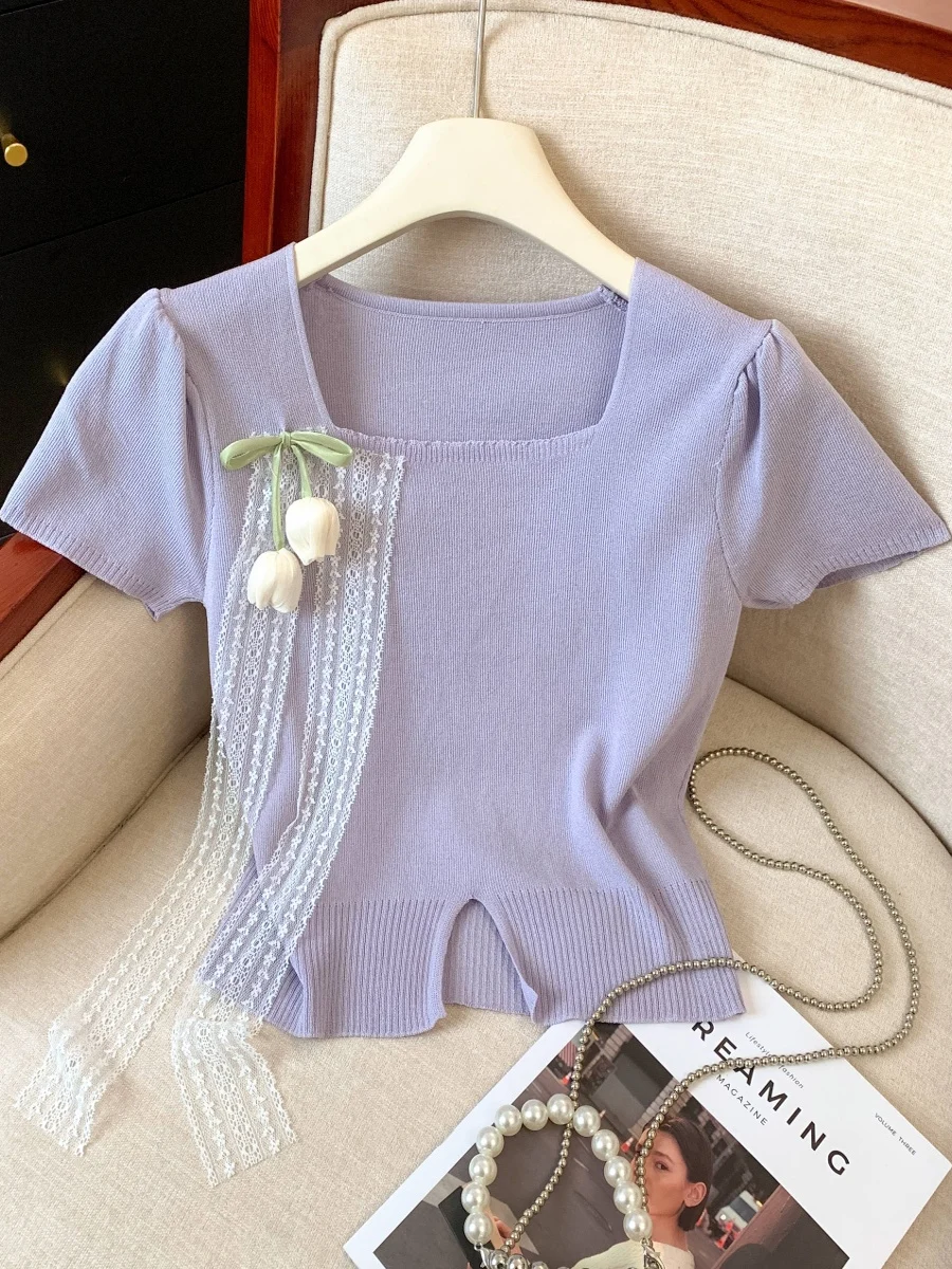 Tulip 3D Flower Knitted Top Women's Slim Fit Short Sleeve T-Shirt Summer Violet French Style Fashion Casual Knitwear
Tulip 3D Flower Knitted Top Women's Slim Fit Short Sleeve T-Shirt Summer Violet French Style Fashion Casual Knitwear