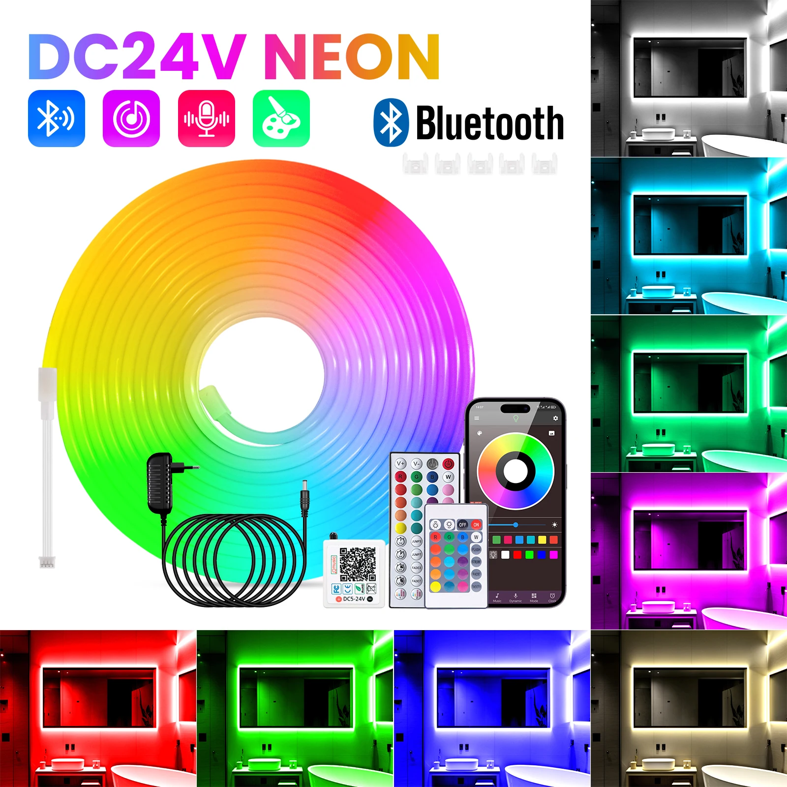 Bluetooth APP Control 24V RGB LED Neon Strip Light Music Sync IP65 Waterproof 6X16MM Flexible LED Rope Lights for Outdoor Decor
Bluetooth APP Control 24V RGB LED Neon Strip Light Music Sync IP65 Waterproof 6X16MM Flexible LED Rope Lights for Outdoor Decor