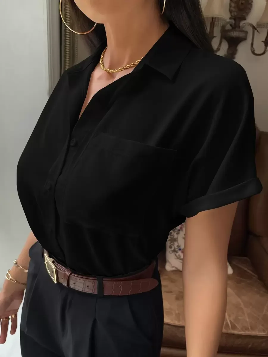 Black Short Sleeve Pocket Shirt With Turn-Down Collar Single Breasted Casual Office Top
Black Short Sleeve Pocket Shirt With Turn-Down Collar Single Breasted Casual Office Top