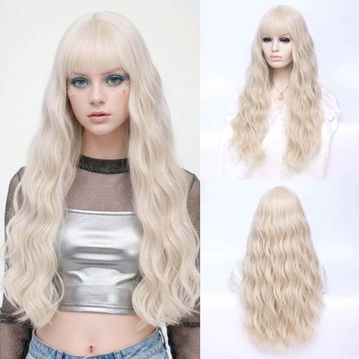 Platinum Blonde Long Wavy Curly Synthetic Hair Wig with Bangs for Women Heat Resistant Cosplay Daily
Platinum Blonde Long Wavy Curly Synthetic Hair Wig with Bangs for Women Heat Resistant Cosplay Daily