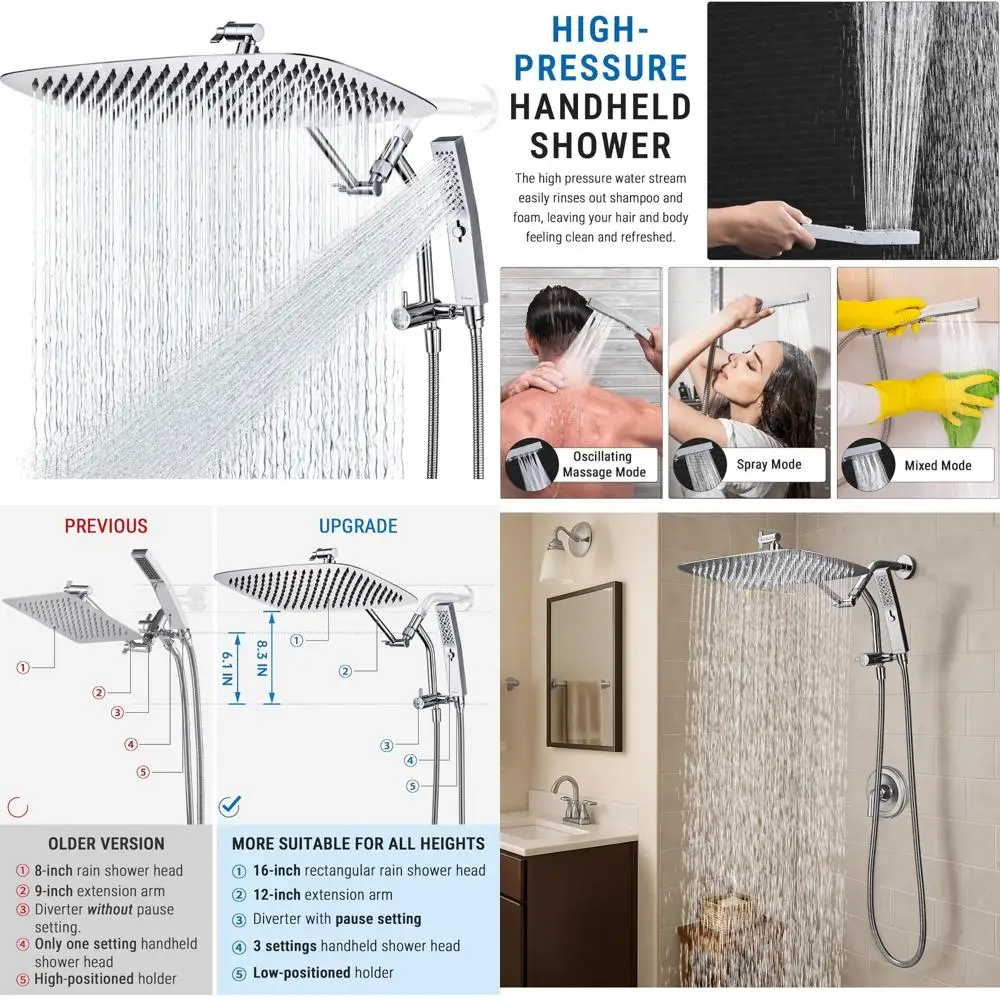 All Metal 16 Inch Shower Head with Massage Mode, Rain Shower Head Combo with Handheld Spray, 3-Way Diverter Included, Luxury Sho
All Metal 16 Inch Shower Head with Massage Mode, Rain Shower Head Combo with Handheld Spray, 3-Way Diverter Included, Luxury Sho