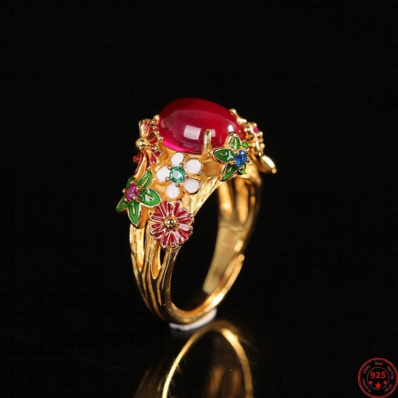 S925 Sterling Silver Rings for Women Men Gilded Enamel Flowers Pattern Inlay Red Corundum Ethnic Style Fashion Jewelry Wholesale
S925 Sterling Silver Rings for Women Men Gilded Enamel Flowers Pattern Inlay Red Corundum Ethnic Style Fashion Jewelry Wholesale