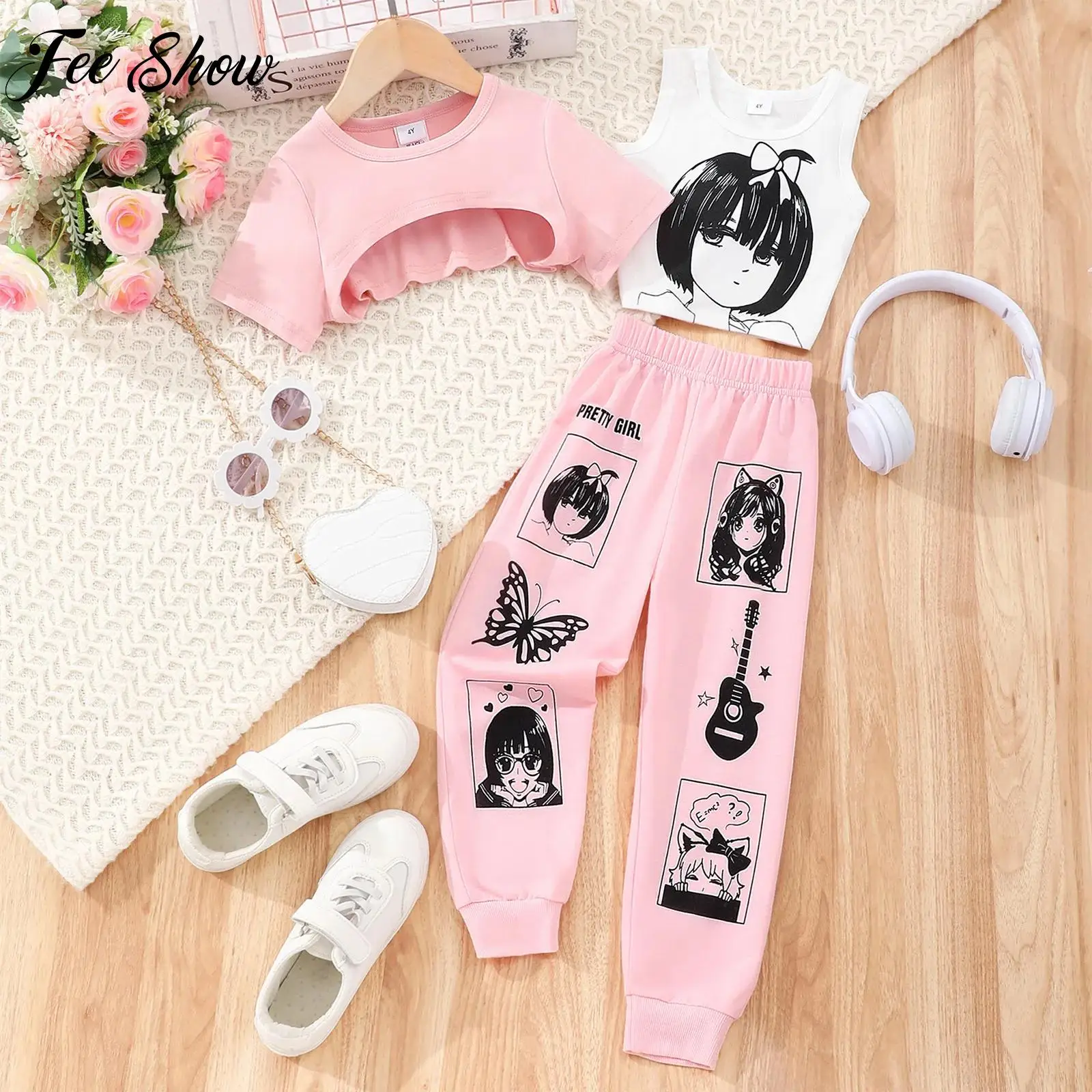 Kids Sports Suit Girls Short Sleeve Asymmetrical Hem Crop Top+Anime Printed Vest+Sweatpants Hip Hop Street Dance Performance Set 
Kids Sports Suit Girls Short Sleeve Asymmetrical Hem Crop Top+Anime Printed Vest+Sweatpants Hip Hop Street Dance Performance Set