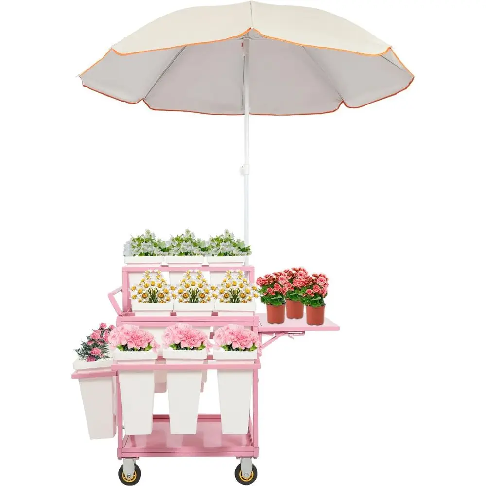 Pink Rolling Garden Cart with 18 Buckets and Parasols for Flower Display
Pink Rolling Garden Cart with 18 Buckets and Parasols for Flower Display