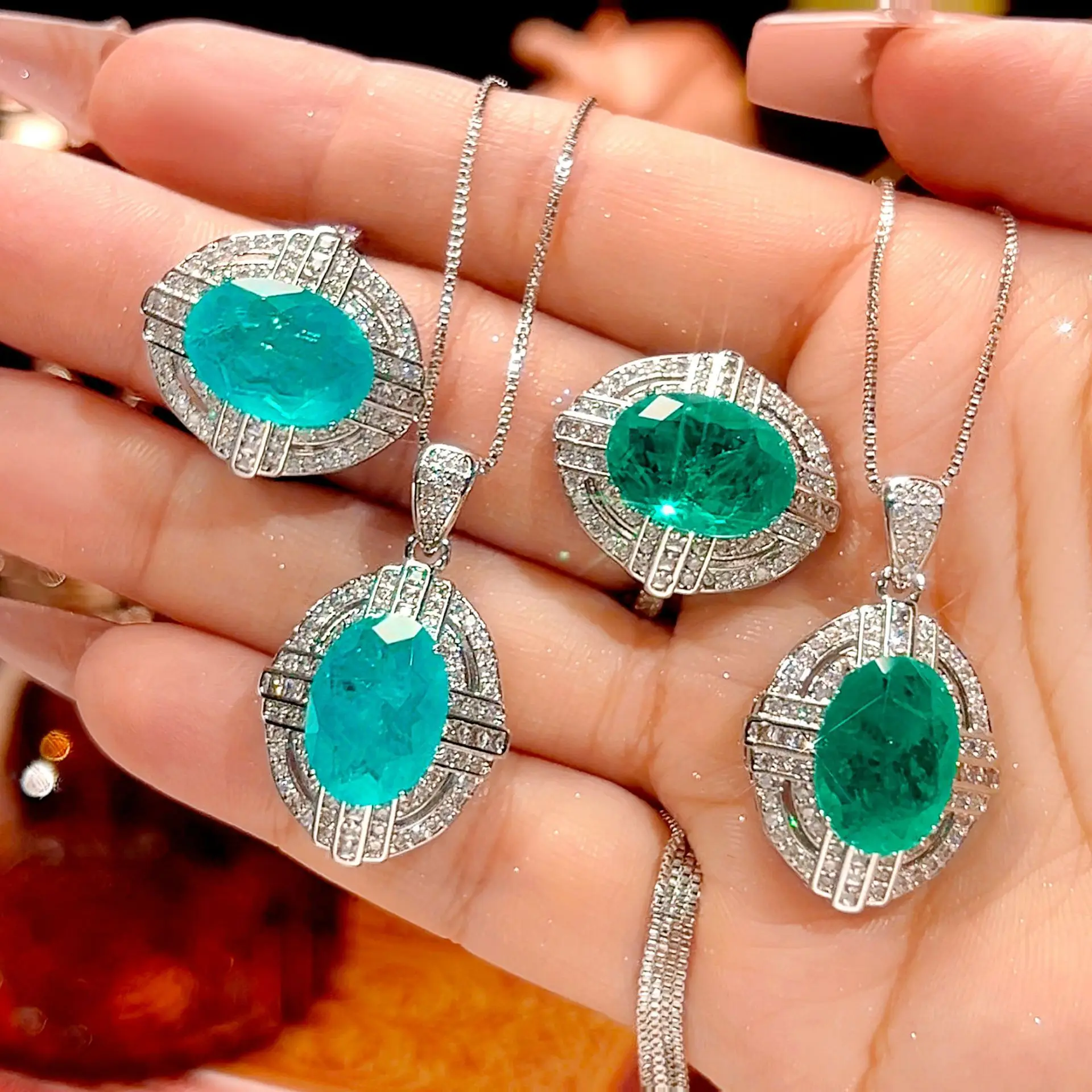 Luxury Oval Cut Paraiba Blue Vivid Green Gemstone Ring Necklace Adjustable Paved CZ Elegant Art Deco Jewelry for Women Gift
Luxury Oval Cut Paraiba Blue Vivid Green Gemstone Ring Necklace Adjustable Paved CZ Elegant Art Deco Jewelry for Women Gift