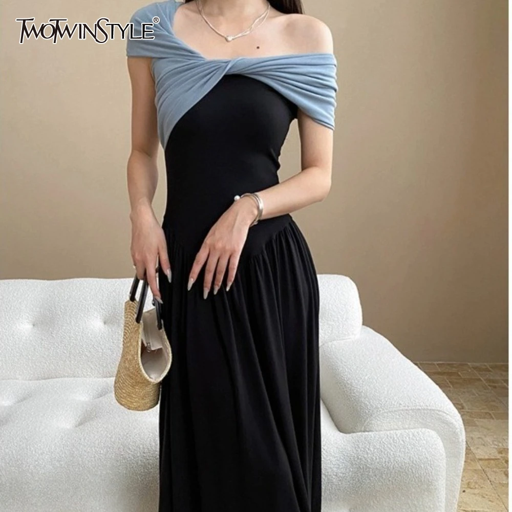 TWOTWINSTYLE Hit Color Slimming Dresses for Women Slash Neck Shoulder Cuff High Waist Temperament Dress Female Fashion
TWOTWINSTYLE Hit Color Slimming Dresses for Women Slash Neck Shoulder Cuff High Waist Temperament Dress Female Fashion