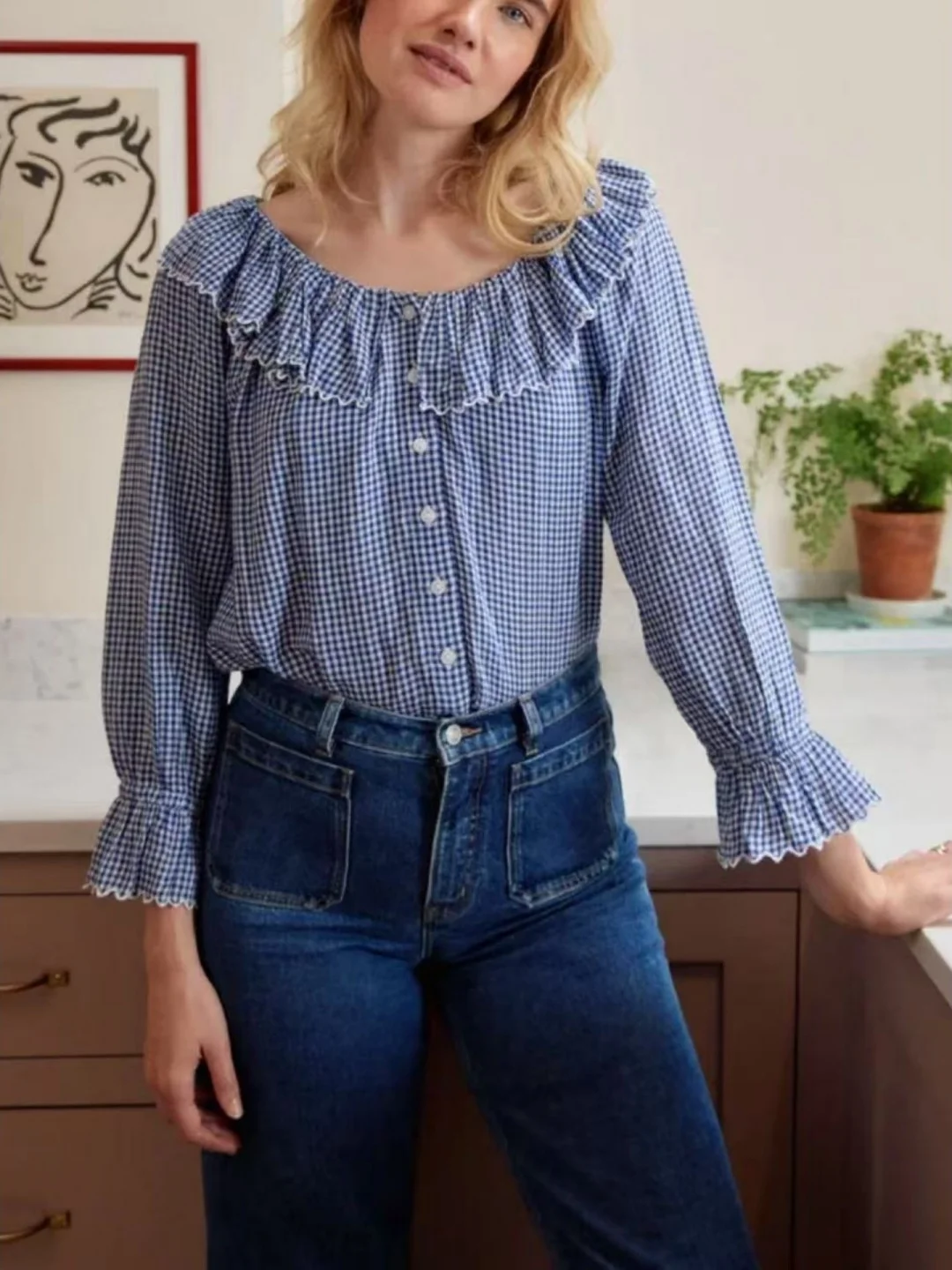 Country Sle Blue White Plaid Lace Doll Collar Pure Cotton Sweet Slimming Bubble Sve irt Women Ele Loose Fit Long S...
Country Sle Blue White Plaid Lace Doll Collar Pure Cotton Sweet Slimming Bubble Sve irt Women Ele Loose Fit Long S...