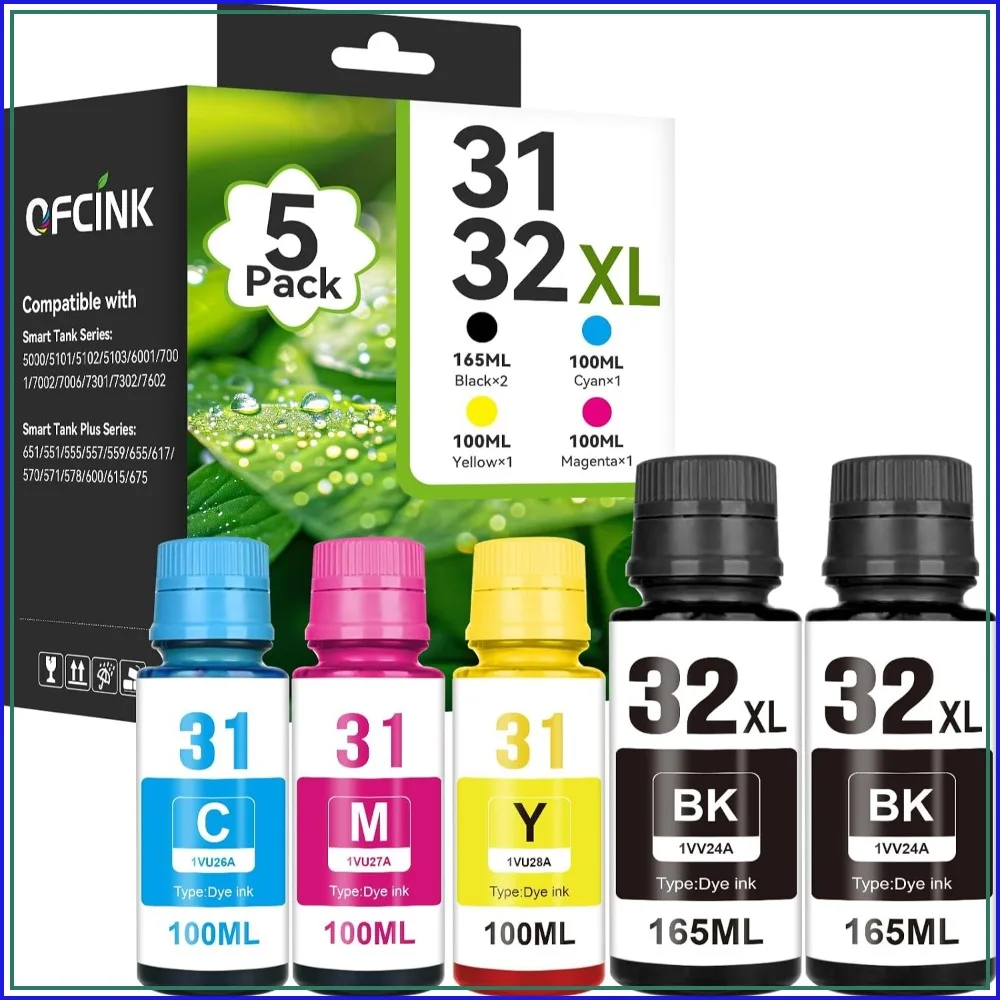 5-Pack Ink Bottle Set for HP Smart Tank Printers, 32XL Black & 31 Color Refills, Easy No-Spill Refill
5-Pack Ink Bottle Set for HP Smart Tank Printers, 32XL Black & 31 Color Refills, Easy No-Spill Refill