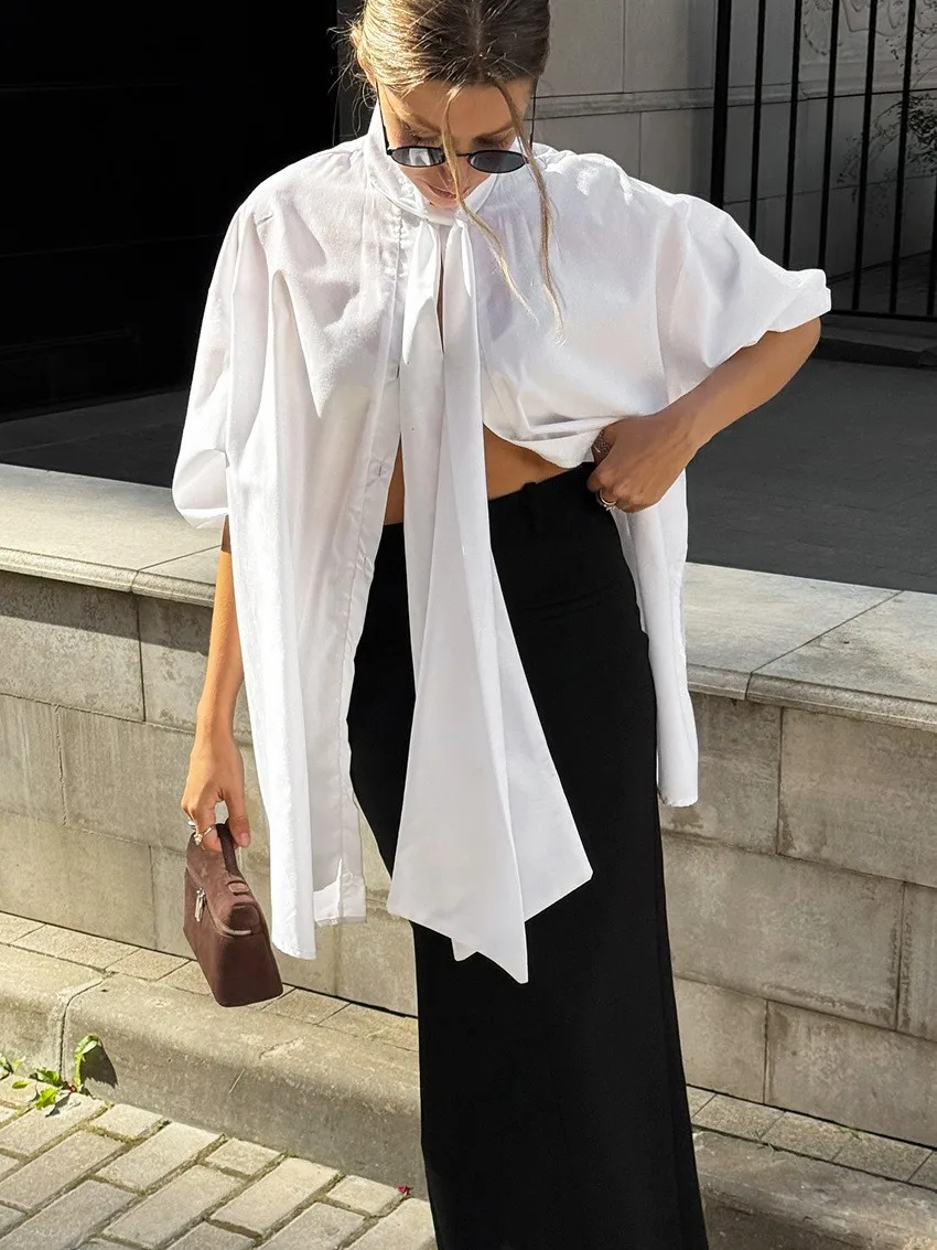 Spring Women's Clothing Short Sleeve Stand Collar Bow Blouse Elegant Casual Top For Woman Loose Fit Polyester Long Shirt
Spring Women's Clothing Short Sleeve Stand Collar Bow Blouse Elegant Casual Top For Woman Loose Fit Polyester Long Shirt