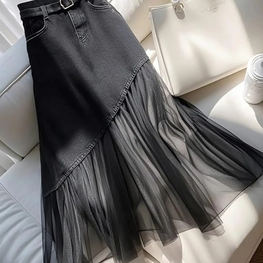 Advanced Design Sense Black Denim Mesh Stitching A- Line Skirt Women's 2025 New Early Spring All-Match Long Skirt
Advanced Design Sense Black Denim Mesh Stitching A- Line Skirt Women's 2025 New Early Spring All-Match Long Skirt