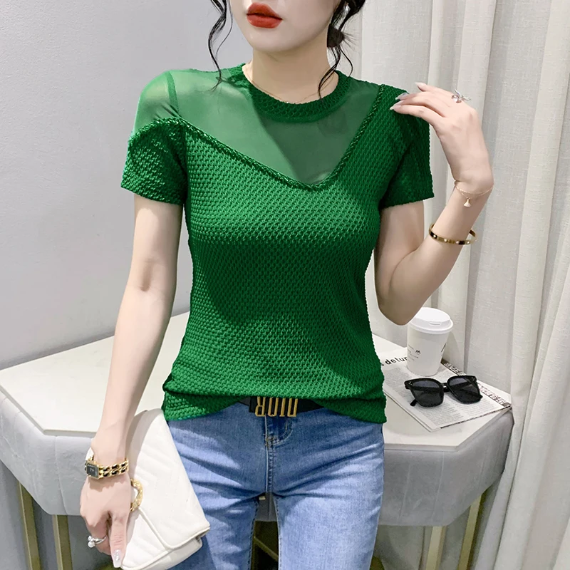 2023 New Summer European Clothes T-Shirt Chic Sexy O-Neck Patchwork Perspective Beading Women's Tops Short Sleeve Hot Tees 34126
2023 New Summer European Clothes T-Shirt Chic Sexy O-Neck Patchwork Perspective Beading Women's Tops Short Sleeve Hot Tees 34126