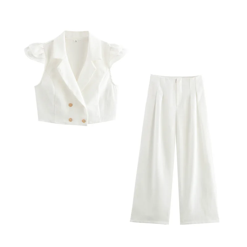 Flying Sleeve Tank Top And Wide Leg Pant Two Piece Set 2025 New Double Breasted Crop Top + Trouser White Fashion Suit Summer
Flying Sleeve Tank Top And Wide Leg Pant Two Piece Set 2025 New Double Breasted Crop Top + Trouser White Fashion Suit Summer