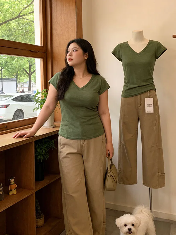 Fashionable plus Size Set Women's Summer 2026 Lazy Style V-neck T-shirt Top High Waist Wide Leg Pants Two-piece Set
Fashionable plus Size Set Women's Summer 2026 Lazy Style V-neck T-shirt Top High Waist Wide Leg Pants Two-piece Set