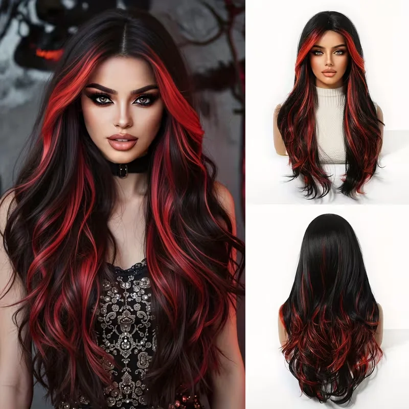 Long Wavy Black Red Highlight Synthetic Wig For Women With Curtain Bangs Natural Heat Resistant Wig For Daily Party Cosplay Wear
Long Wavy Black Red Highlight Synthetic Wig For Women With Curtain Bangs Natural Heat Resistant Wig For Daily Party Cosplay Wear