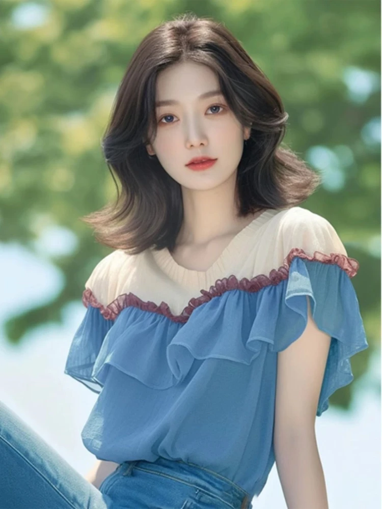 Fashion Vintage Design Shirts Ruffles Patchwork Contrast Color V Neck Short Sleeve Blouses 2025 Summer All Match Women Clothing
Fashion Vintage Design Shirts Ruffles Patchwork Contrast Color V Neck Short Sleeve Blouses 2025 Summer All Match Women Clothing