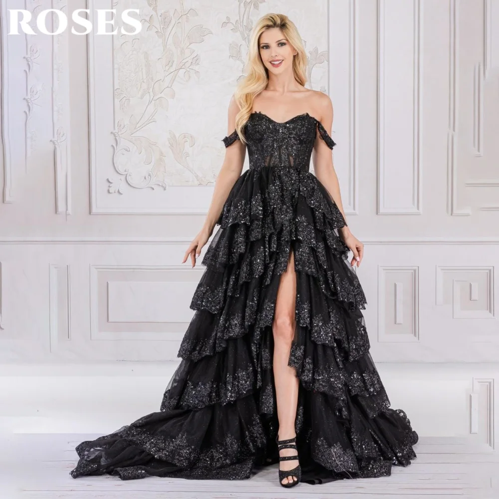 ROSES Black Elegant Prom Dresses Sweetheart Off the Shoulder Prom Gown with Fishbone Lace A-Line Layered Formal Gown Customized
ROSES Black Elegant Prom Dresses Sweetheart Off the Shoulder Prom Gown with Fishbone Lace A-Line Layered Formal Gown Customized