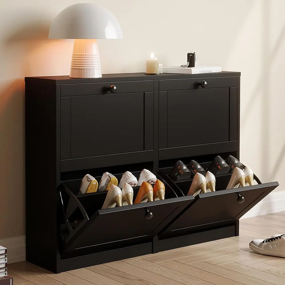 4-Door Freestanding Shoe Storage Cabinet with Adjustable Shelves and Anti-Tip Feature for Entryway, Hallway, Living Room in Blac
4-Door Freestanding Shoe Storage Cabinet with Adjustable Shelves and Anti-Tip Feature for Entryway, Hallway, Living Room in Blac