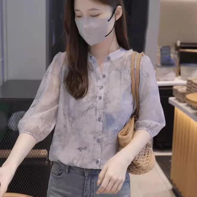 Korean Sle Floral Print Blouse Women's mid Sve Summer New Fre Small ence Loose Meat Covering Slimming Chiffon irt
Korean Sle Floral Print Blouse Women's mid Sve Summer New Fre Small ence Loose Meat Covering Slimming Chiffon irt