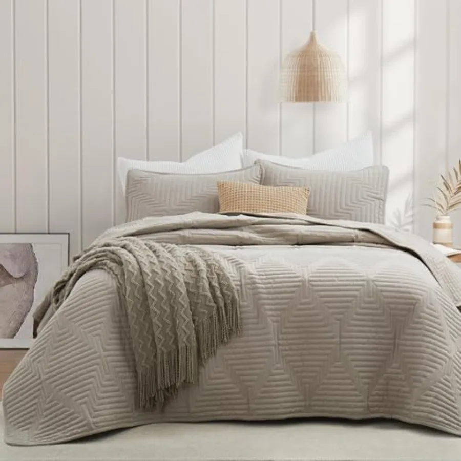 Quilt Set Lightweight Soft Bedspread Coverlet Basket Weave Pattern Bedding 3PCS Modern Geometric Stitching Textured Comforter S
