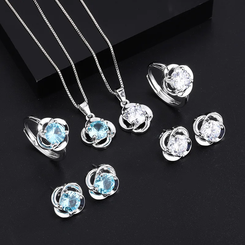 Minimalist S925 Silver Needle White Diamond and Blue Diamond Earrings, Ring, Pendant Necklace Jewelry Set
Minimalist S925 Silver Needle White Diamond and Blue Diamond Earrings, Ring, Pendant Necklace Jewelry Set