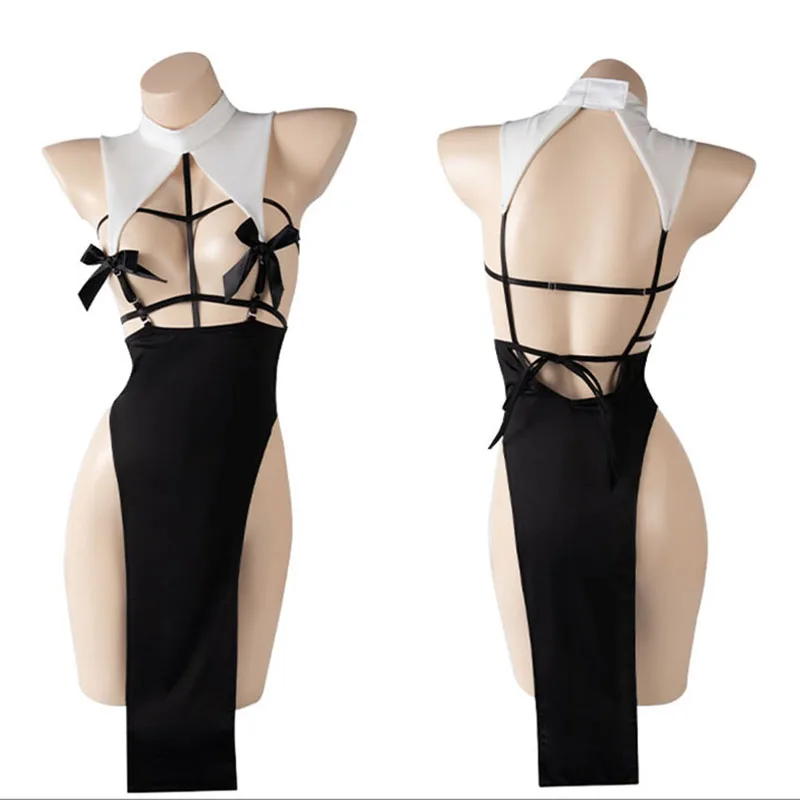 Hot Sexy Lingerie Female Style Straps Hollowed Out Bodysuit Slit Long Skirt Backless Black Anime Nun Cosplay Costume Uniform
Hot Sexy Lingerie Female Style Straps Hollowed Out Bodysuit Slit Long Skirt Backless Black Anime Nun Cosplay Costume Uniform
