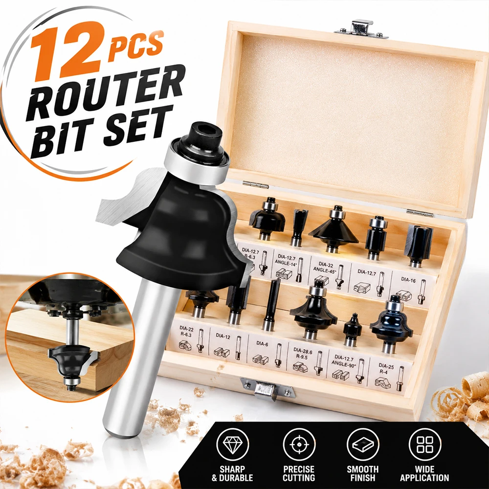 Router Bit Set 12PCS Carbide Tipped Woodworking Milling Cutter Kit with Wooden Box for Wood Trimming and Carving
Router Bit Set 12PCS Carbide Tipped Woodworking Milling Cutter Kit with Wooden Box for Wood Trimming and Carving