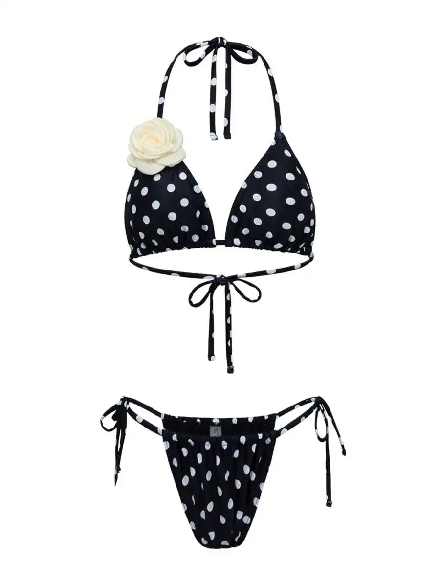 Womens Polka Dot Halter Triangle Bikini Set With 3D Flower Decor
Womens Polka Dot Halter Triangle Bikini Set With 3D Flower Decor