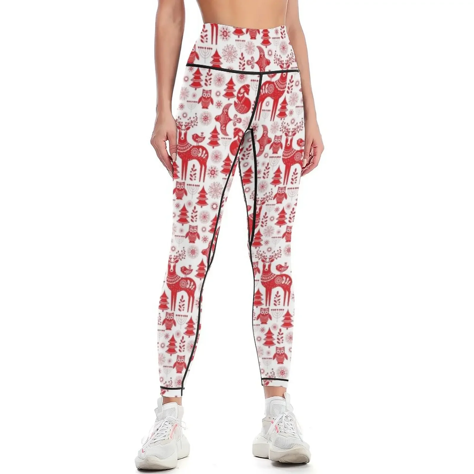 Christmas seamless pattern with deer, owls, foxes, and birds in white and red. Scandinavian style. Folk art. Leggings
Christmas seamless pattern with deer, owls, foxes, and birds in white and red. Scandinavian style. Folk art. Leggings