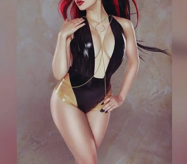 Sexy custom tailored women's low-bust latex leotard black bodysuit with transparent trim colors
Sexy custom tailored women's low-bust latex leotard black bodysuit with transparent trim colors