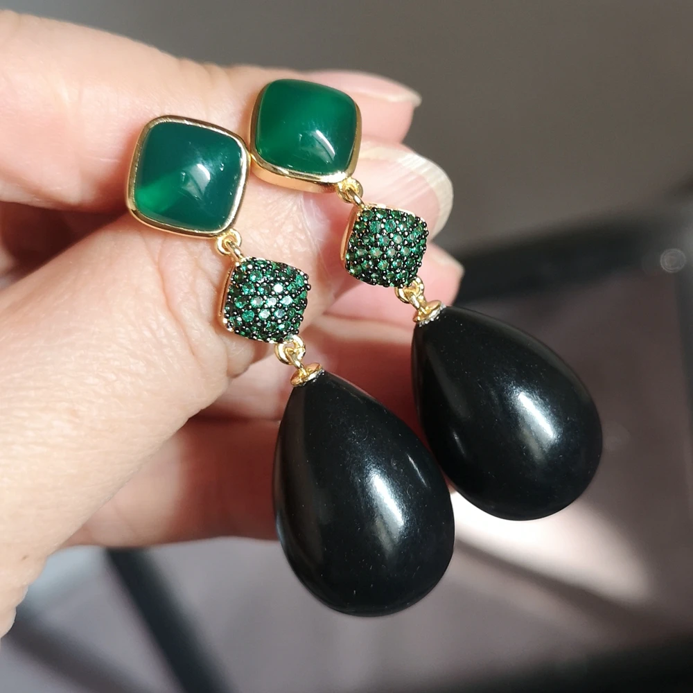 Woman Water Tear Drop Black agate Pearl Hanging Earrings with Natural Stone Green Cubic Zircon paved 14K Gold plated Jewelry
Woman Water Tear Drop Black agate Pearl Hanging Earrings with Natural Stone Green Cubic Zircon paved 14K Gold plated Jewelry