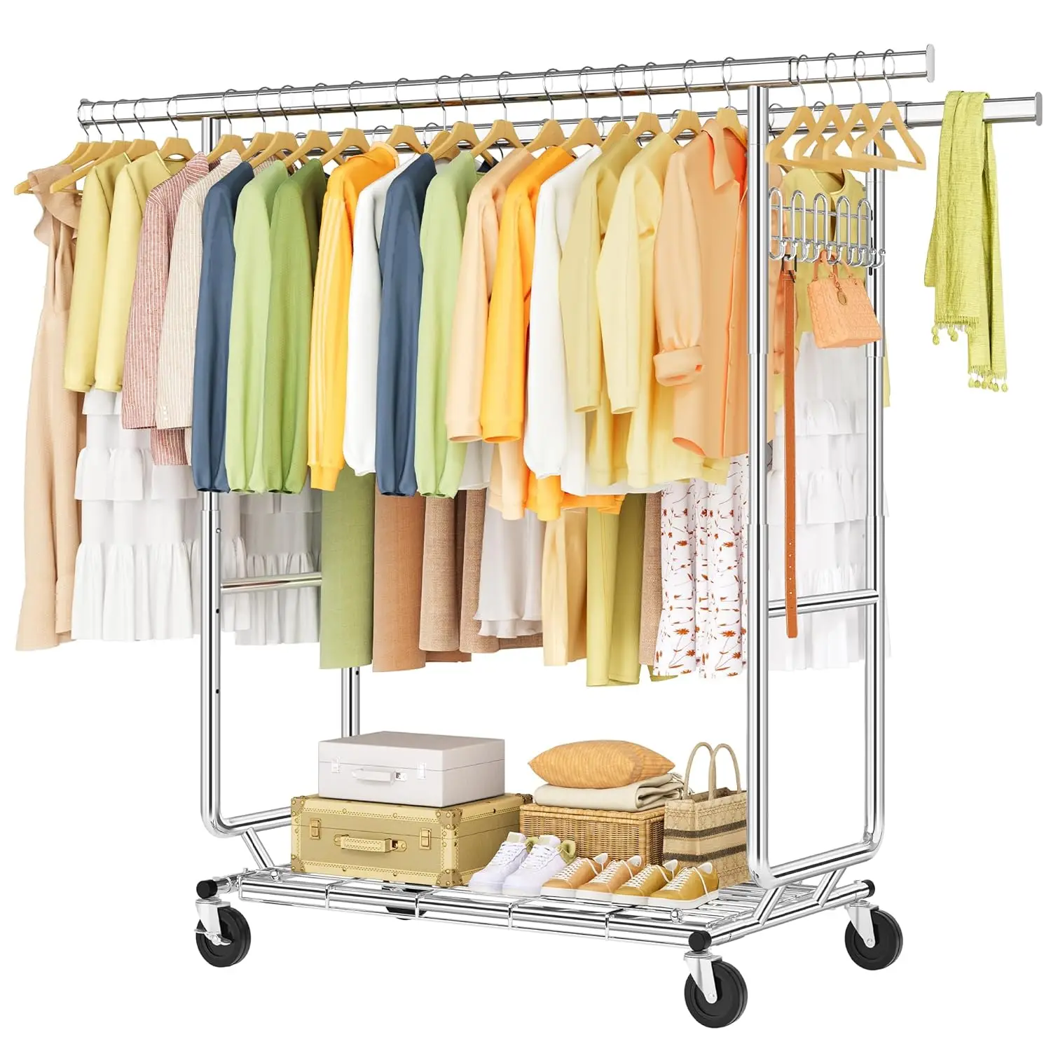 Double Rod Clothes Rack Heavy Duty Rolling Foldable Extendable Adjustable Metal with Hooks Commercial Garment Chrome Customized
Double Rod Clothes Rack Heavy Duty Rolling Foldable Extendable Adjustable Metal with Hooks Commercial Garment Chrome Customized