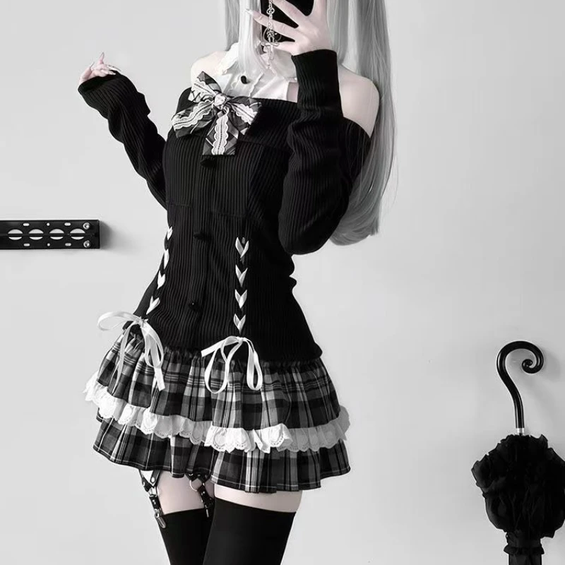 Японский готический комплект юбки в стиле Лолиты Y2k, женский комплект с милым кружевом и бантом, вязаный топ с открытыми плечами, клетчатые мини-юбки Kawaii, тонкий наряд
Японский готический комплект юбки в стиле Лолиты Y2k, женский комплект с милым кружевом и бантом, вязаный топ с открытыми плечами, клетчатые мини-юбки Kawaii, тонкий наряд